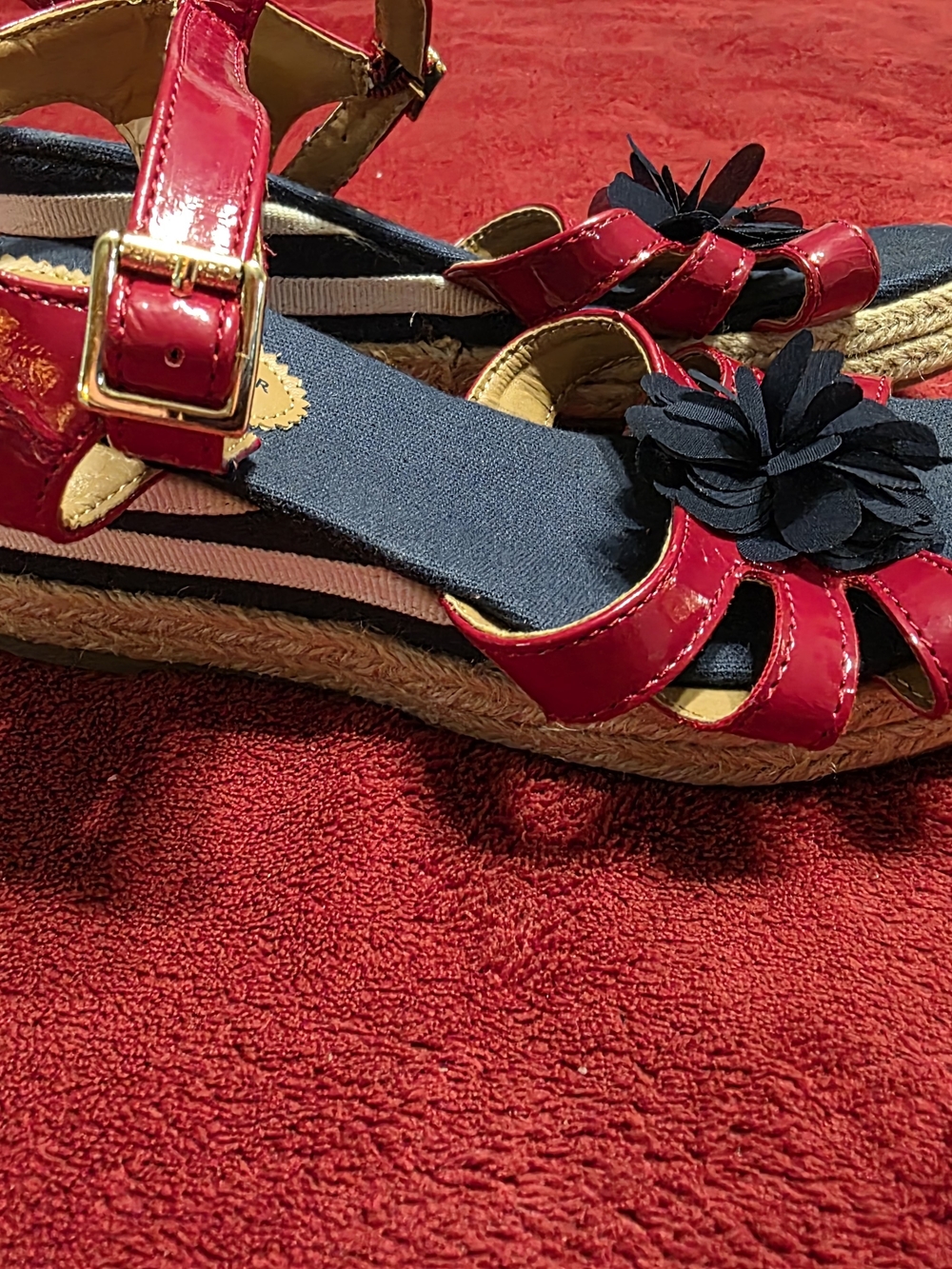Tommy Hilfiger Red Patent Kids Espadrille Sandals with Navy Flower